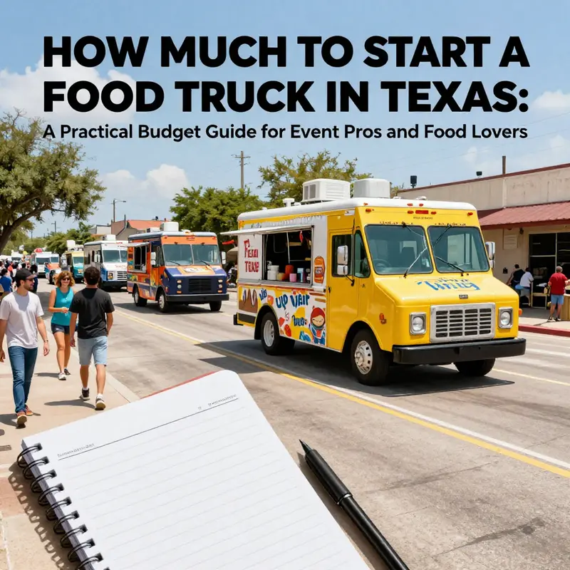 Sunlit Texas food truck market scene with planners and guests, symbolizing startup budgeting.