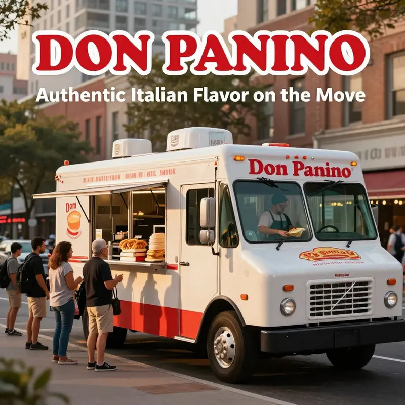 A photo-realistic cover image of a Don Panino Food Truck serving a diverse crowd on a city street.