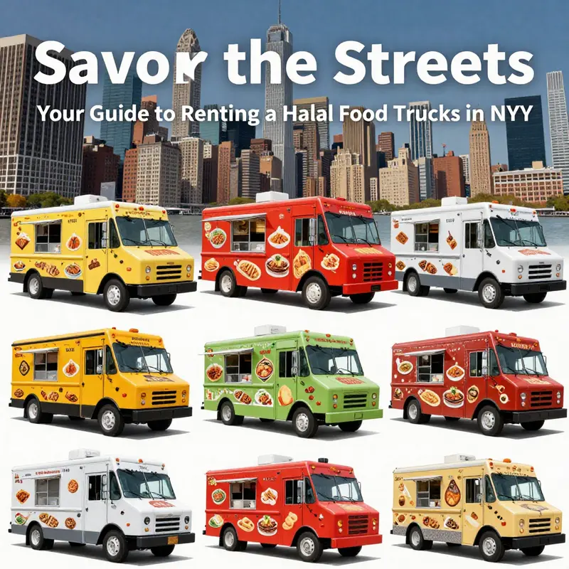 A halal food truck showcasing halal certification amidst a bustling New York City crowd.