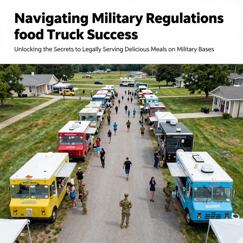 Aerial view of food trucks at a military base festival surrounded by enthusiastic service members and their families.