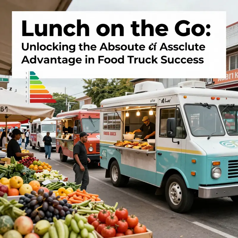 A visual representation of food truck operations alongside efficiency charts to illustrate absolute advantage.