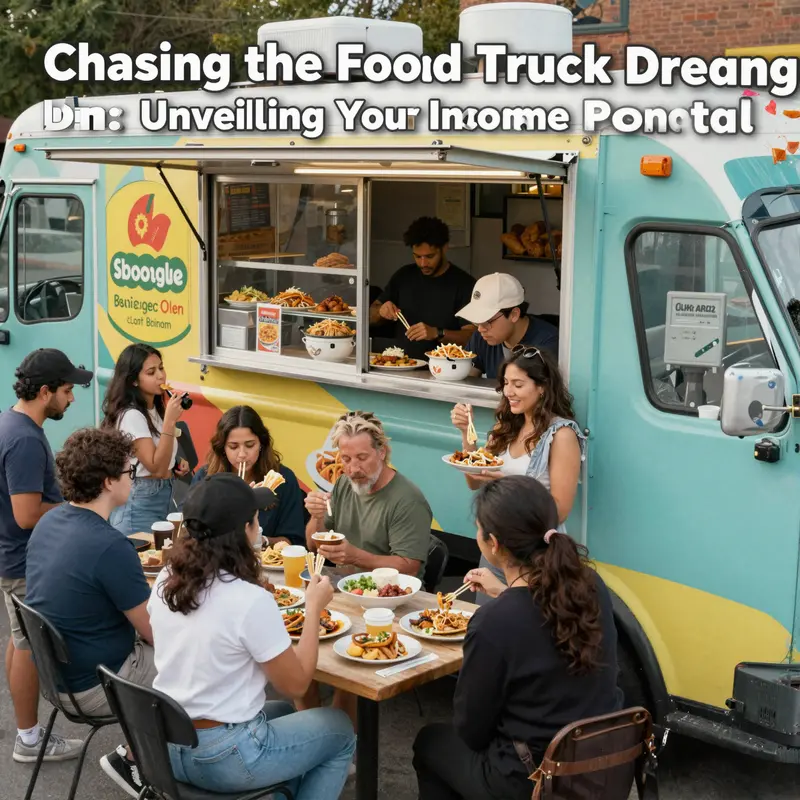 A lively food truck scene filled with happy customers enjoying street food, symbolizing the entrepreneurial spirit and income potential.