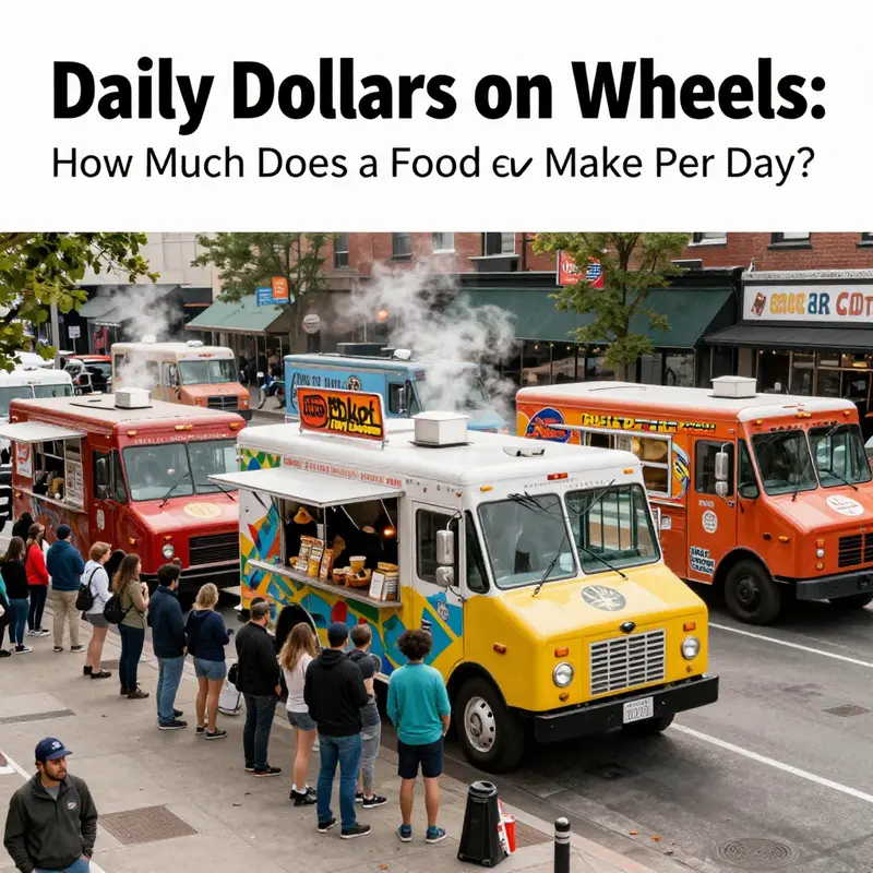 Photo-realistic cover image of multiple food trucks serving diverse crowds, capturing daily revenue opportunities.
