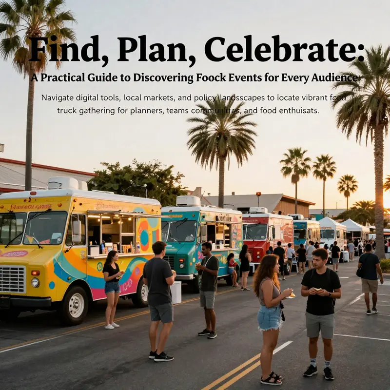 Street scene with multiple food trucks and people enjoying meals at golden hour.