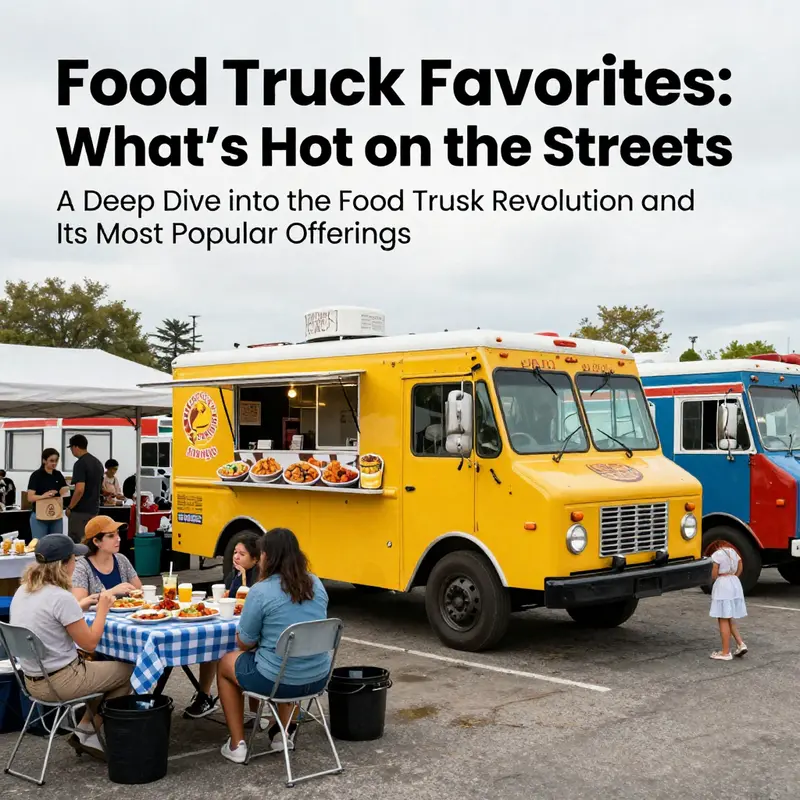 A bustling food truck festival with multiple trucks serving a diverse crowd.