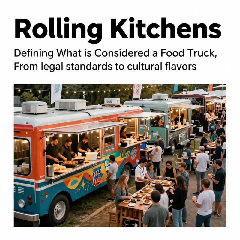 Photorealistic image of a row of food trucks at an outdoor event with customers enjoying meals.