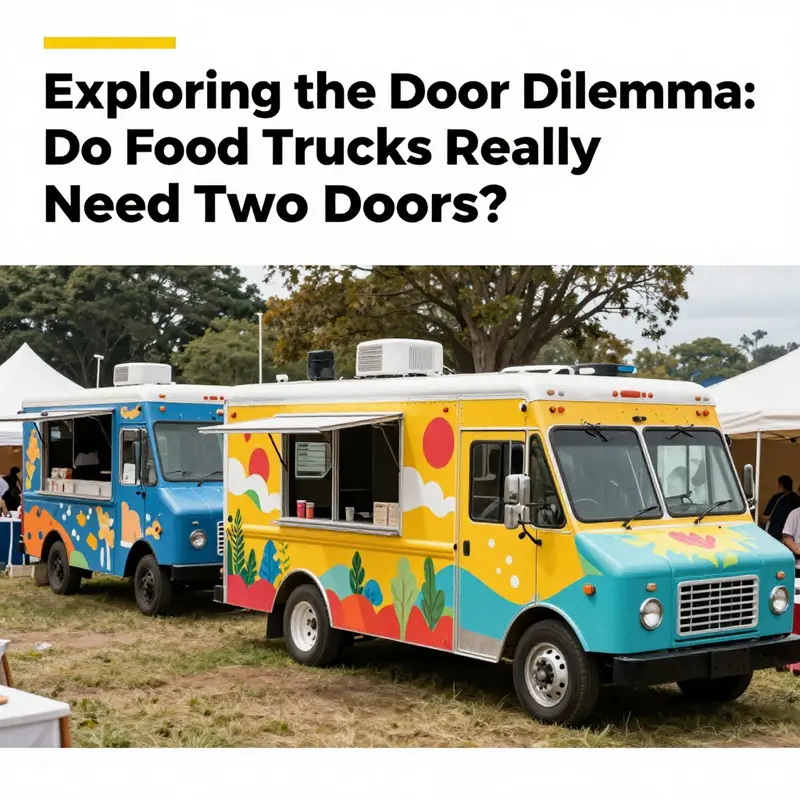 A colorful food truck festival with multiple trucks featuring different door configurations, attracting enthusiastic customers.