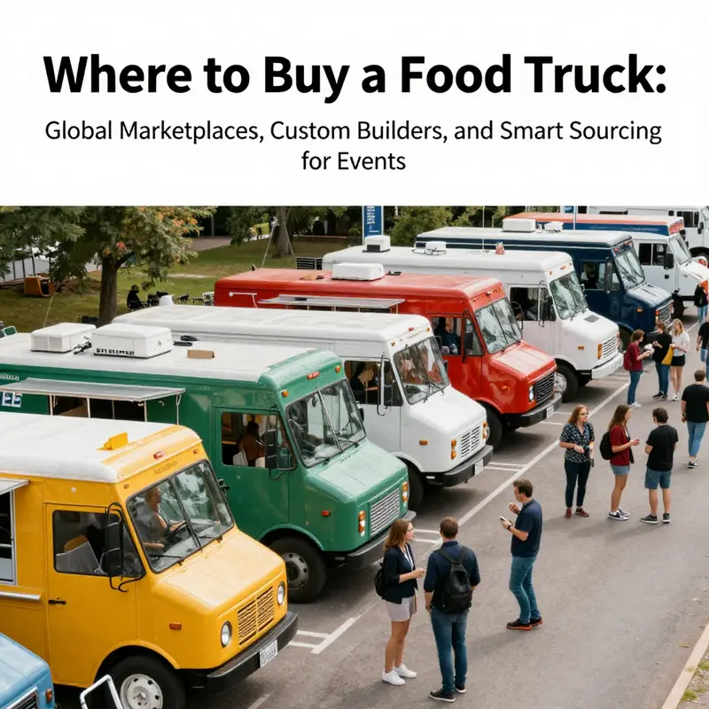 Colorful food trucks at a sunny outdoor festival, representing global buyers and sellers.