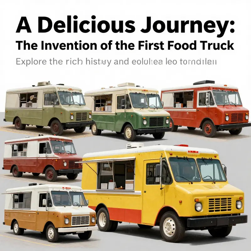 A collage featuring images of early food trucks and modern food trucks in a bustling city setting.