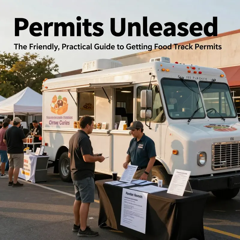 A colorful food truck at a festival with organizers and officials discussing permits.