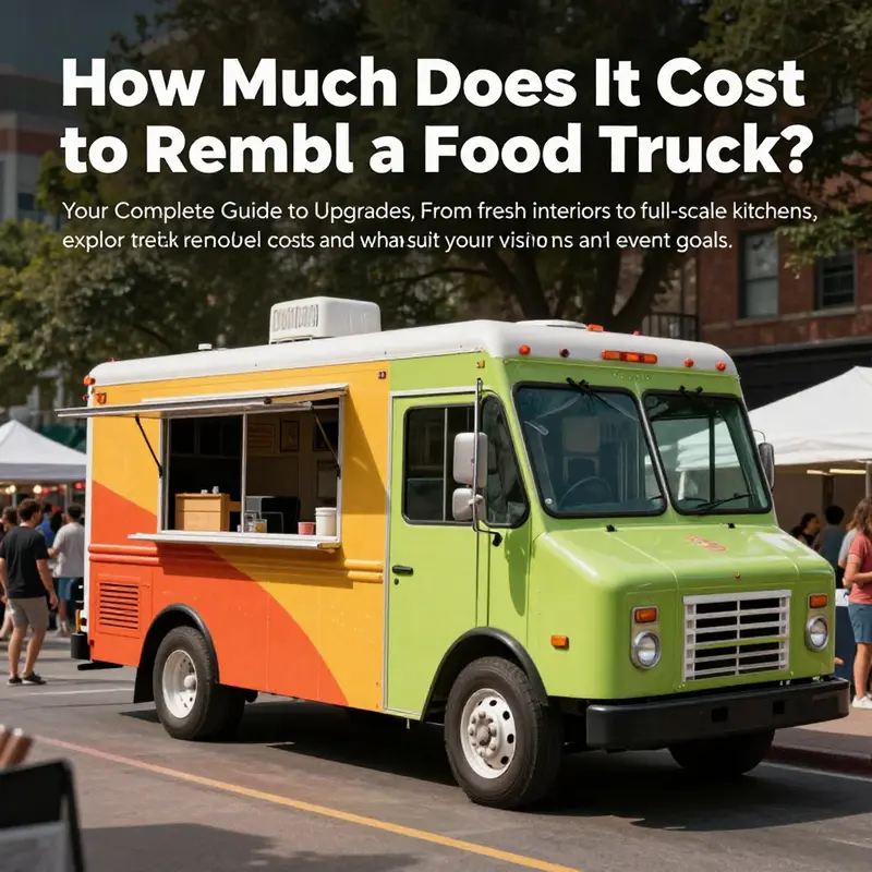 Food truck illustrating remodel stages parked at a bustling event.