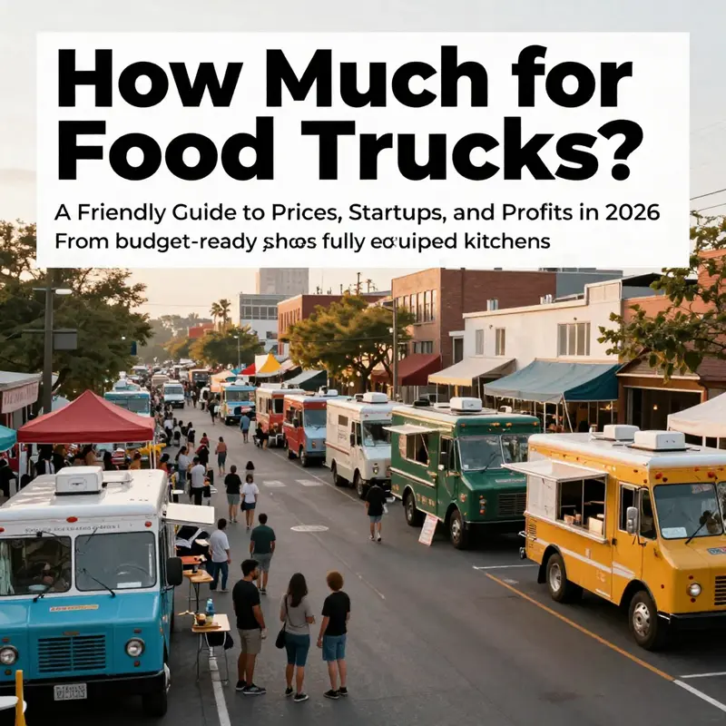 Multiple food trucks lined up at a city event during golden hour, inviting attendees to explore offerings and pricing