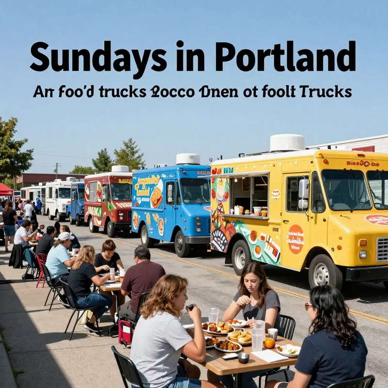 A sunny Sunday in Portland showcasing vibrant food trucks and eager customers enjoying a variety of delicious cuisines.