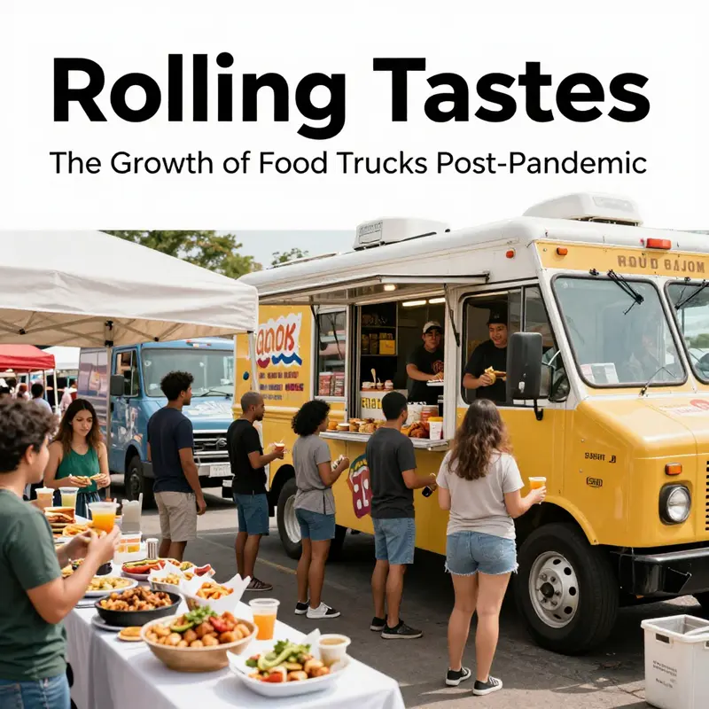 A vibrant outdoor food truck park showcasing the resurgence of food trucks after the pandemic.