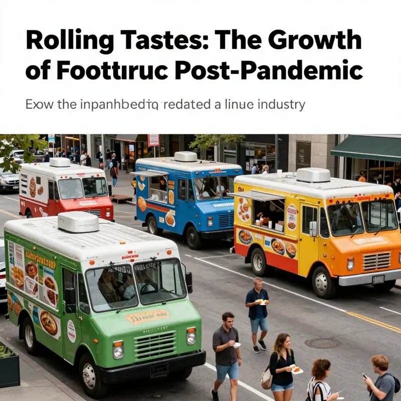 A lively city street featuring various food trucks and happy customers enjoying outdoor dining.