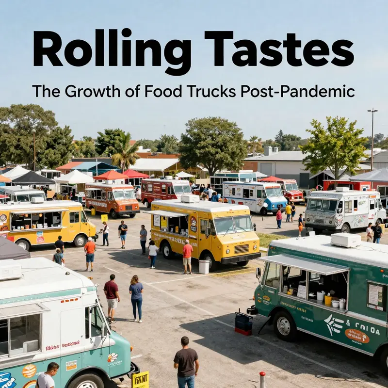 A vibrant outdoor food truck park showcasing the resurgence of food trucks after the pandemic.