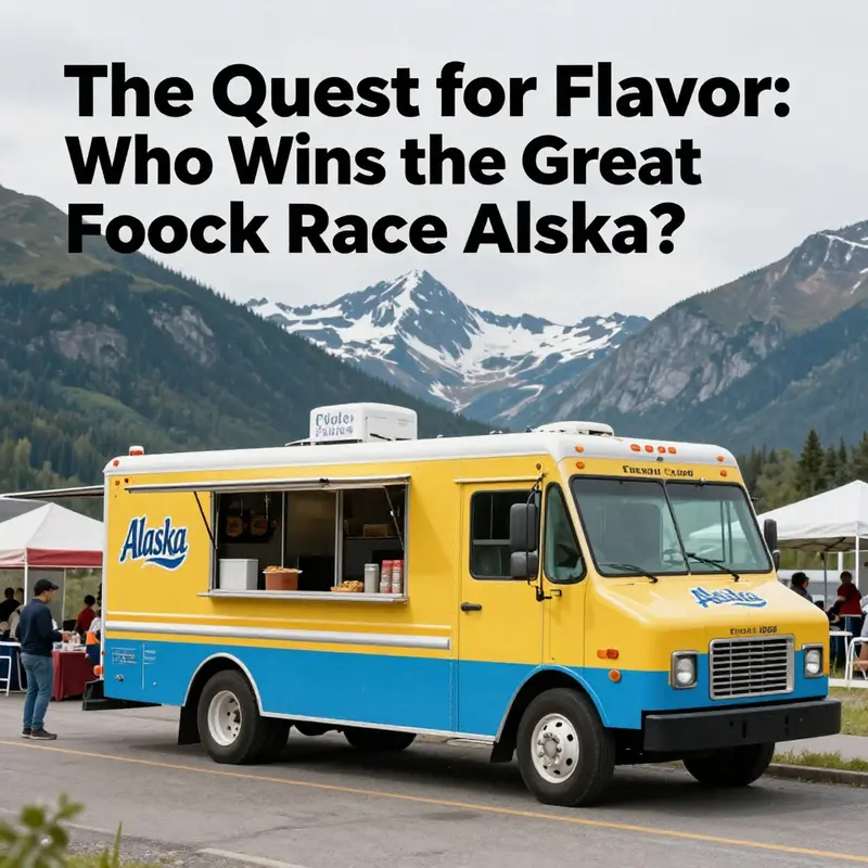 Colorful food truck in a picturesque Alaskan landscape, bustling with people and the essence of culinary competition.