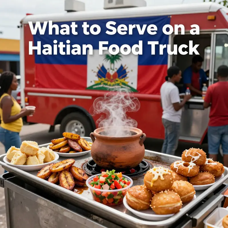 Core staples like griot, diri kolokolo, plantains, and pikliz showcase Haitian Fritay in a bustling food-truck setting.