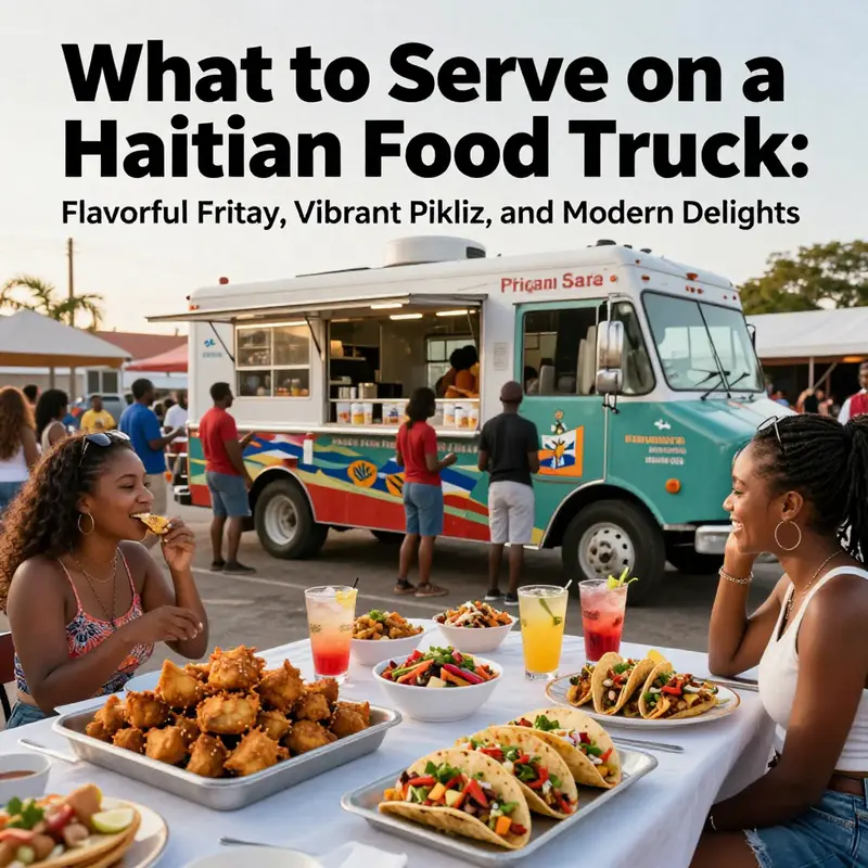 A lively Haitian food truck serving traditional and modern menu items to a diverse crowd.