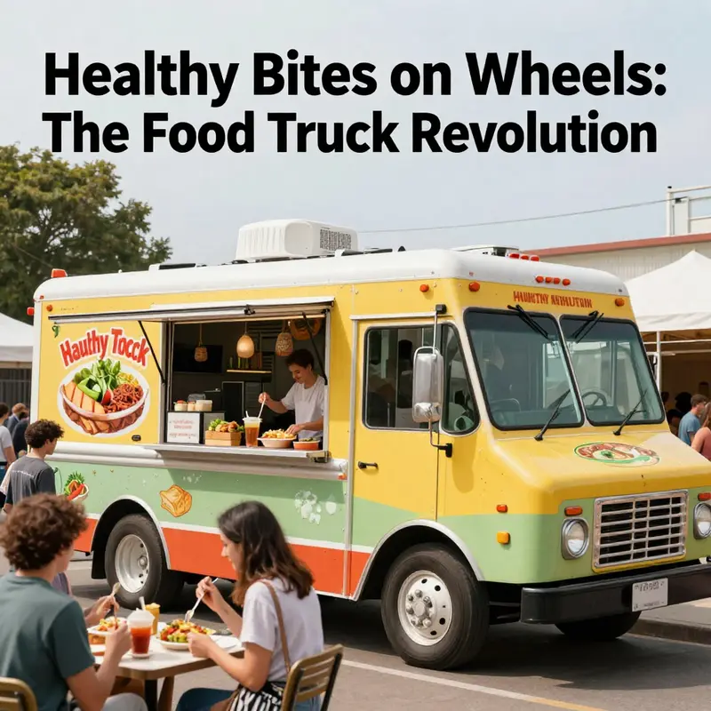 A cheerful food truck serving healthy food to a diverse group of happy customers in an outdoor setting.