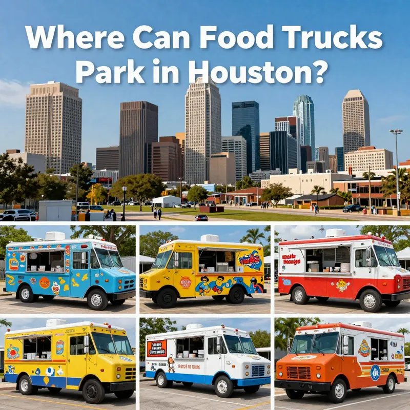 Collage of various food trucks against the backdrop of Houston's skyline, representing culinary diversity.