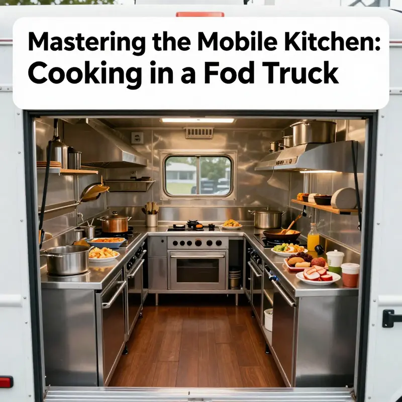 An organized food truck kitchen filled with essential commercial-grade equipment for efficient cooking.