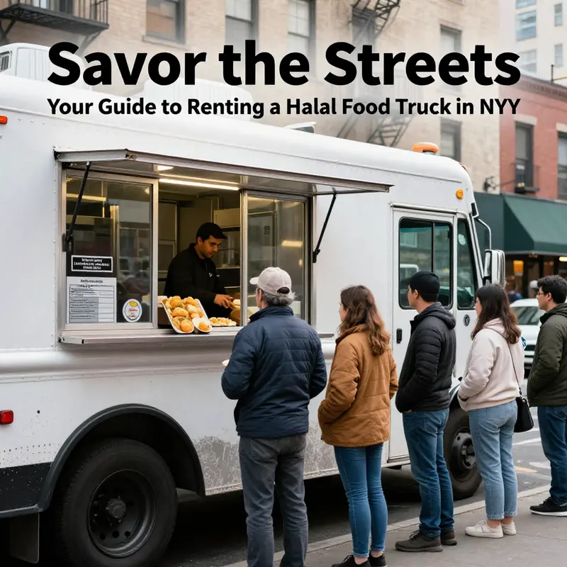 A halal food truck showcasing halal certification amidst a bustling New York City crowd.