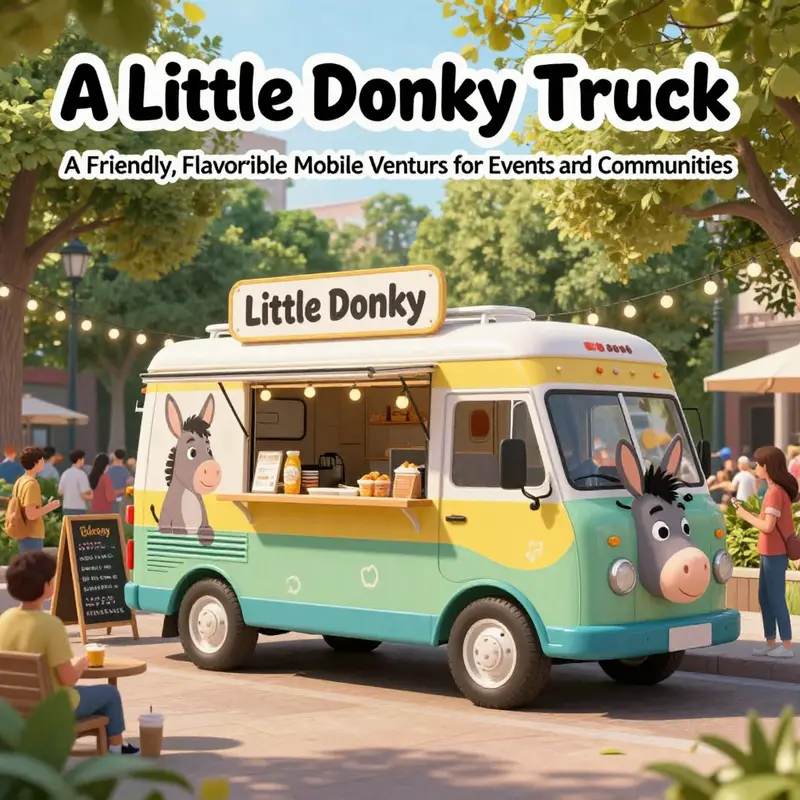 Photo-realistic cover image of a colorful donkey-themed food truck serving delighted attendees at an outdoor festival.