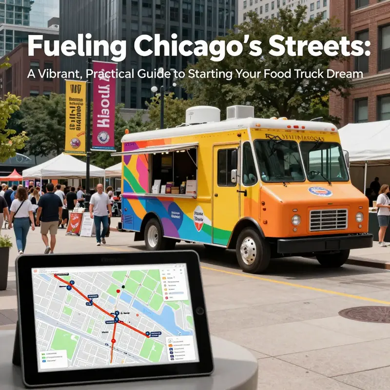 A food truck preparing to apply for permits at a busy Chicago event, highlighting the compliance steps that keep operations legal and safe.