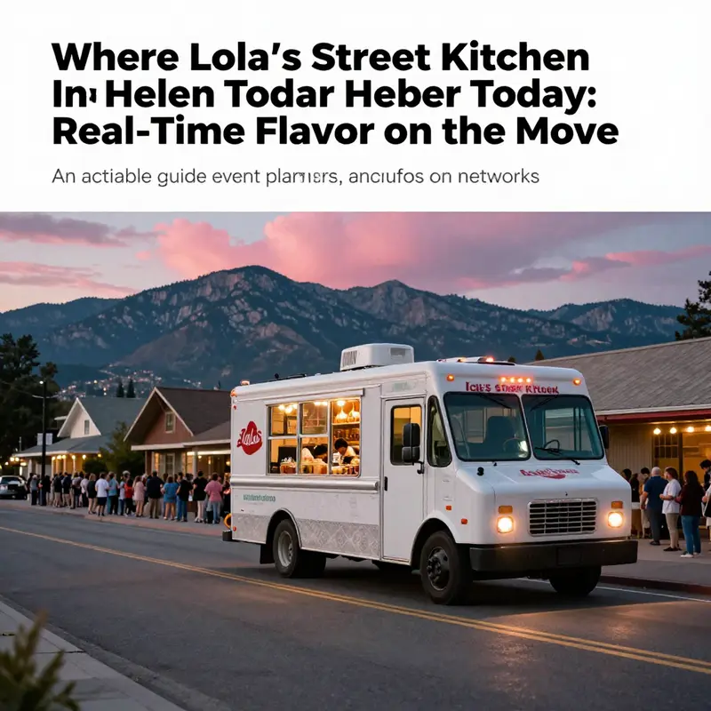 Photo-realistic wide shot of Lola's Street Kitchen in Heber City during dusk, ready to serve with a mountain backdrop.