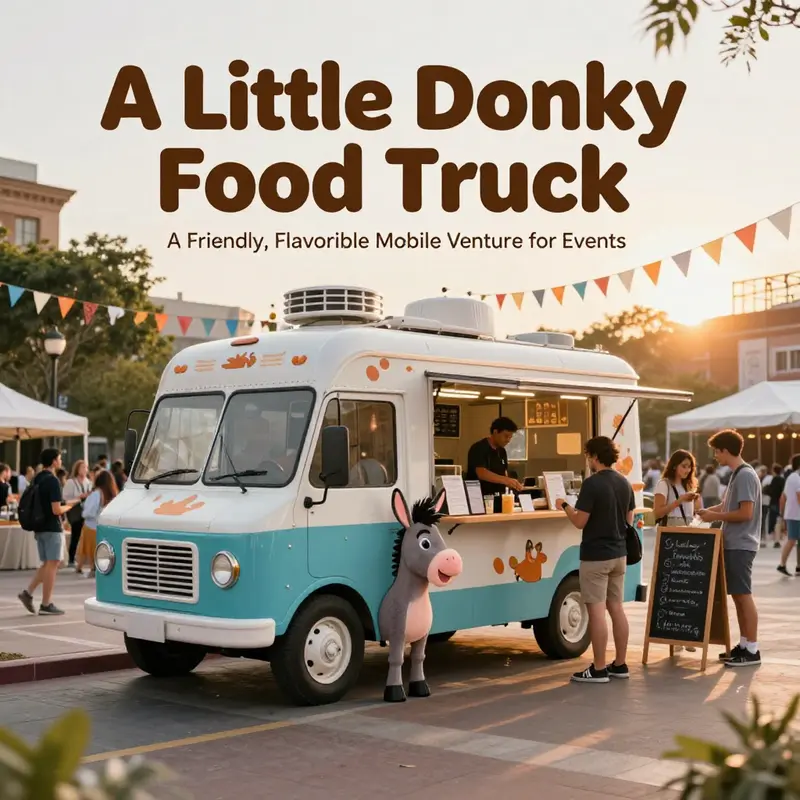 Event planners and curious customers explore the Little Donkey Food Truck during a lively plaza gathering.