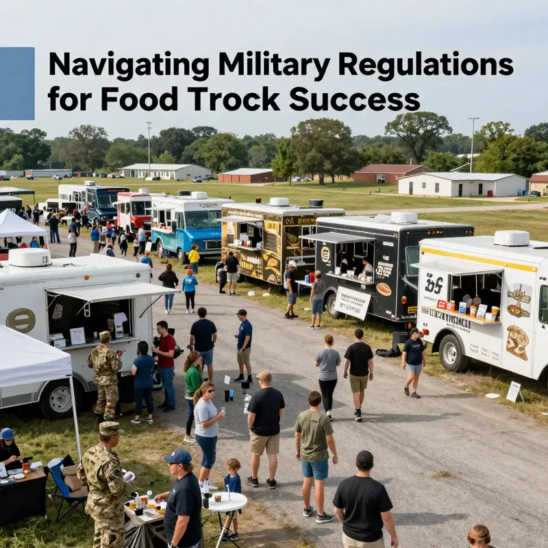 Representing the intersection of military service and culinary delights, this image captures the essence of food trucks at military bases.