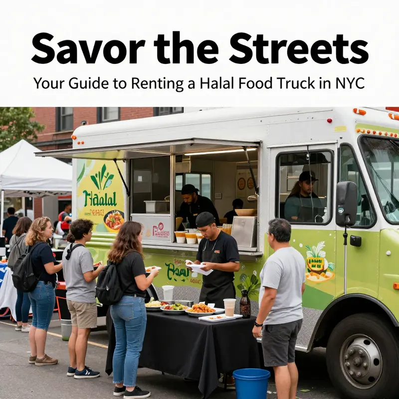 A halal food truck showcasing halal certification amidst a bustling New York City crowd.