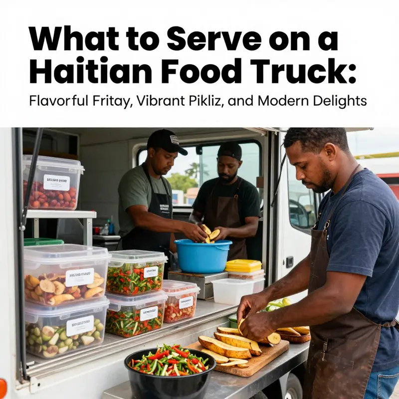 Core staples like griot, diri kolokolo, plantains, and pikliz showcase Haitian Fritay in a bustling food-truck setting.