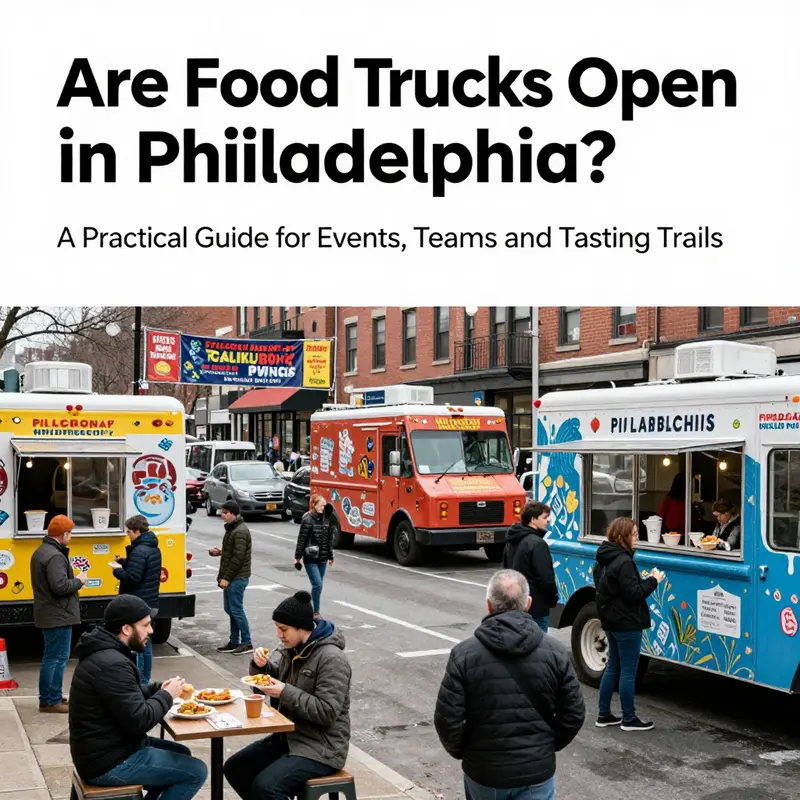 Cover image of Philadelphia food trucks lined up along a lively street with people dining and winter weather hints.