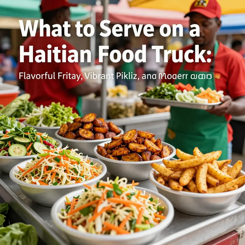 Core staples like griot, diri kolokolo, plantains, and pikliz showcase Haitian Fritay in a bustling food-truck setting.