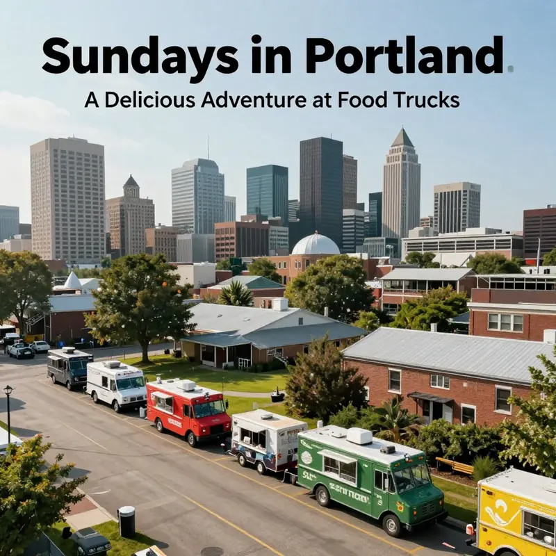 An expansive view of Portland filled with food trucks on a sunny Sunday, capturing the city's culinary vibrancy and skyline.