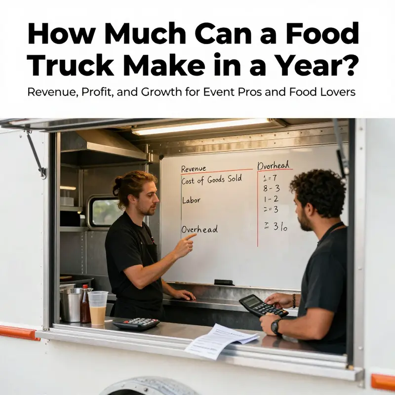 Revenue potential varies by location and menu mix, illustrated by a thriving street scene and an overlay of yearly earnings bands.