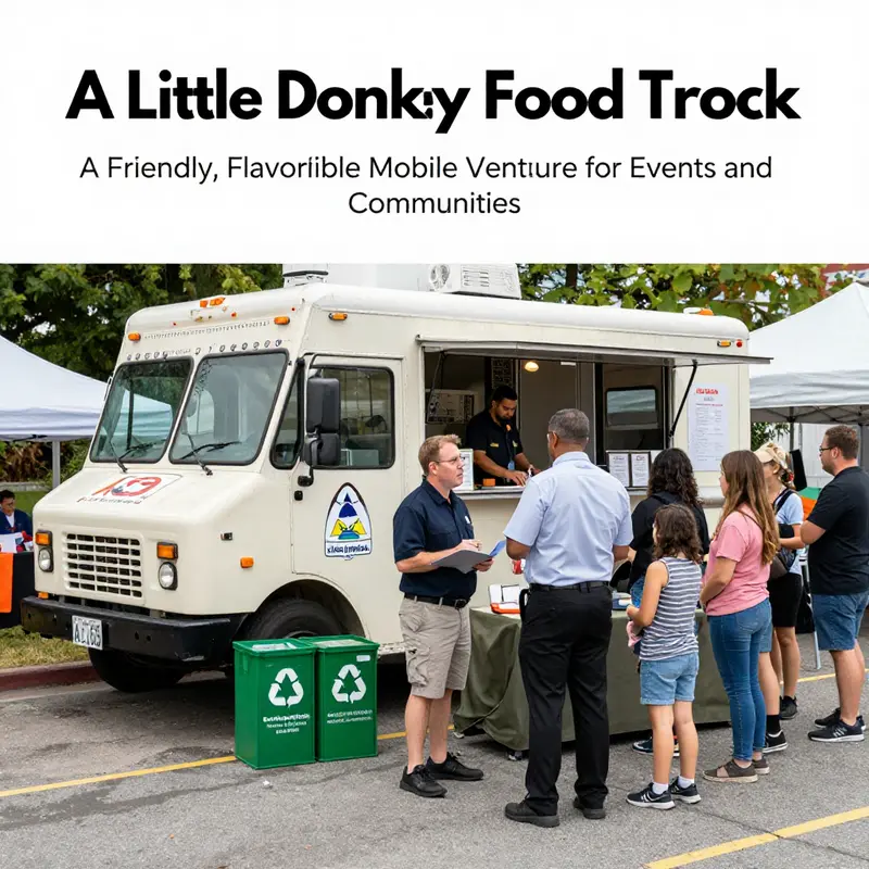 Event planners and curious customers explore the Little Donkey Food Truck during a lively plaza gathering.