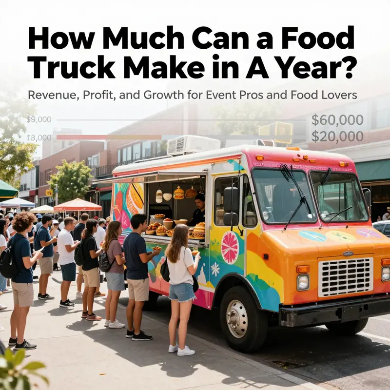 Revenue potential varies by location and menu mix, illustrated by a thriving street scene and an overlay of yearly earnings bands.