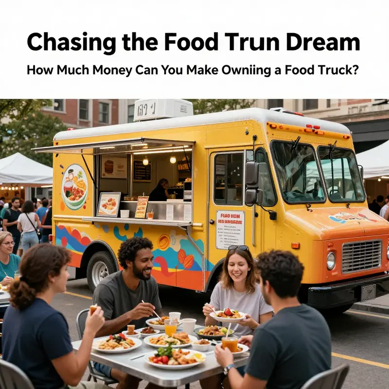 A busy food truck scene showcasing diverse dishes and delighted customers, highlighting various revenue streams.