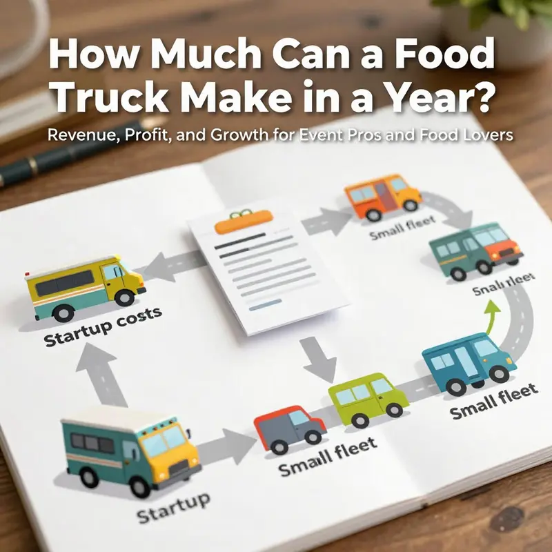 Revenue potential varies by location and menu mix, illustrated by a thriving street scene and an overlay of yearly earnings bands.