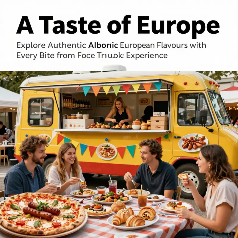 Cheerful food truck featuring European dishes in a bustling outdoor dining scene.