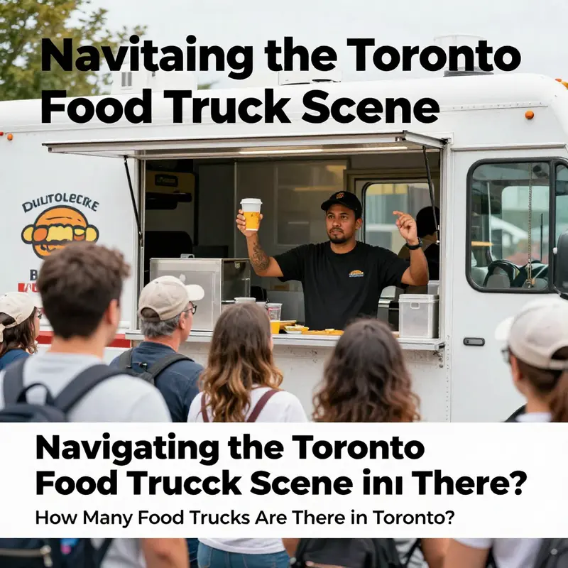 A vivid snapshot of Toronto’s busy food truck scene, highlighting a variety of trucks and diverse food options for city-dwellers.