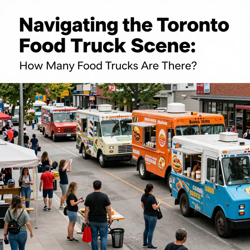 A vivid snapshot of Toronto’s busy food truck scene, highlighting a variety of trucks and diverse food options for city-dwellers.