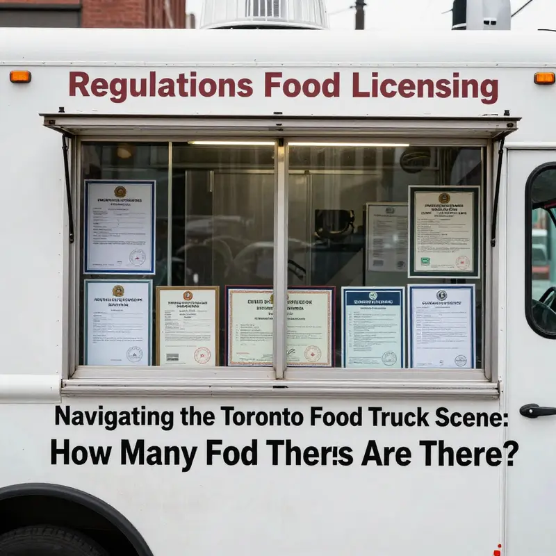 A vivid snapshot of Toronto’s busy food truck scene, highlighting a variety of trucks and diverse food options for city-dwellers.