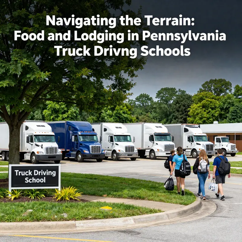 A vibrant truck driving school campus bustling with activity and students.