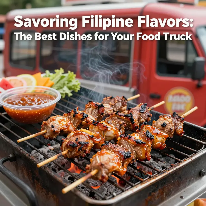 Grilled skewers of adobo-marinated chicken and pork, served in a food truck setting.