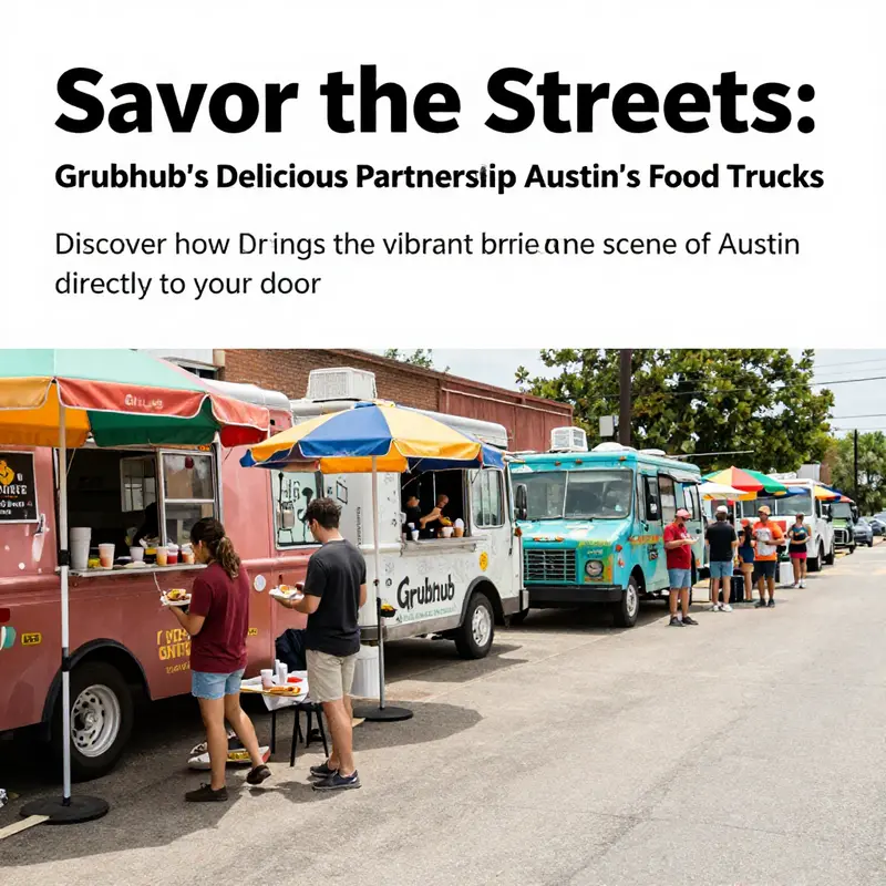A bustling array of food trucks in Austin with people dining outside, representing the city's culinary culture.