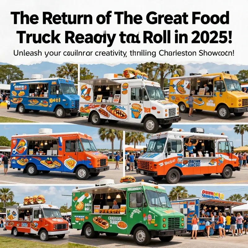 A montage of lively food truck scenes, highlighting the atmosphere of The Great Food Truck Race in Charleston.